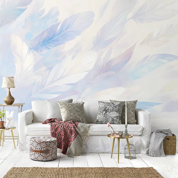 Blue Feather Mural Wallpaper in Living Room Blue and White Feathers -8 Mural Wallpaper - pure wallpaper artwork