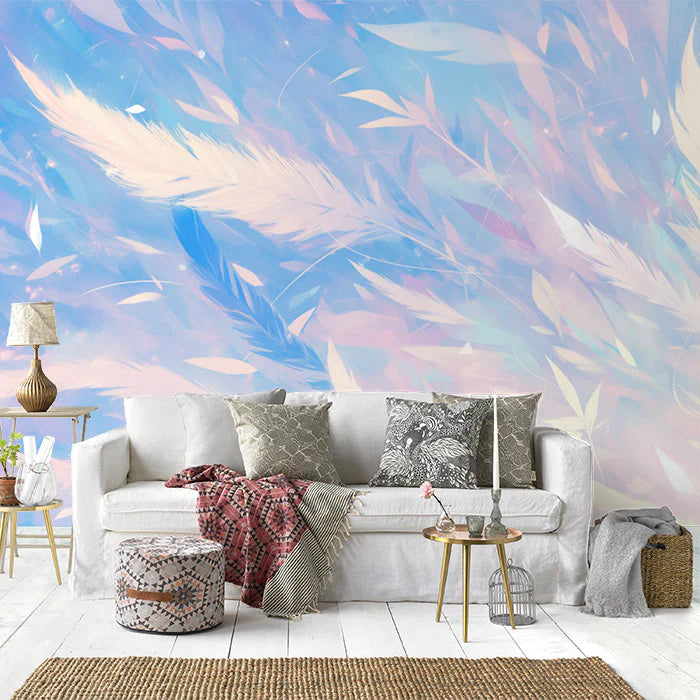 Blue Feather Mural Wallpaper in Living Room Blue and White Feathers -9 Mural Wallpaper - pure wallpaper artwork