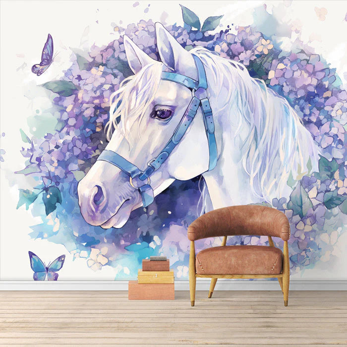 Horse and Floral Mural Wallpaper girl's bedroom Purple, Blue and White Horse Mural Wallpaper - pure wallpaper artwork