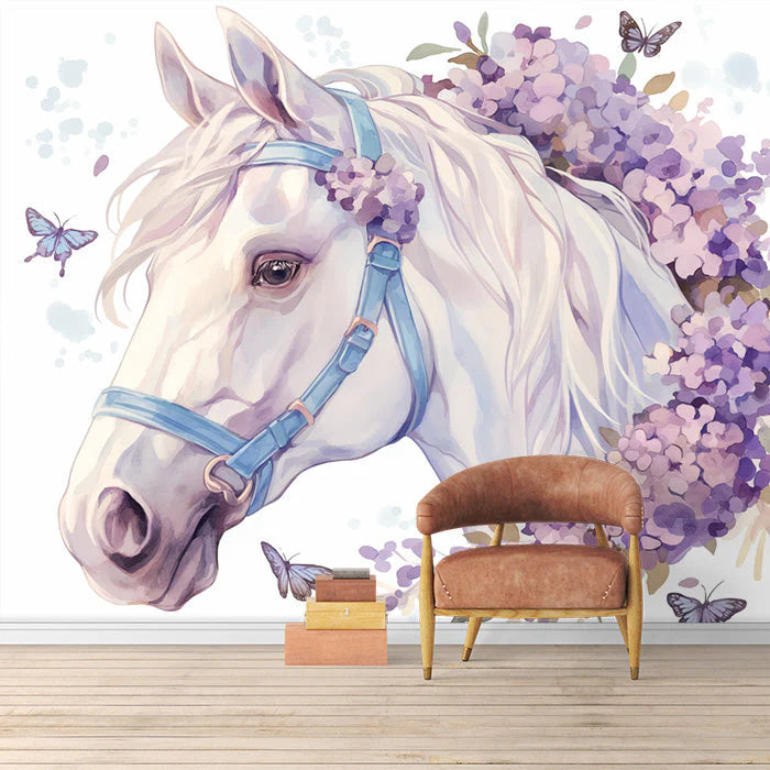 Horse and Floral Mural Wallpaper for a child's bedroom Purple, Blue and White Horse Mural Wallpaper