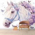 Horse and Floral Mural Wallpaper for a child's bedroom Purple, Blue and White Horse Mural Wallpaper - pure wallpaper artwork