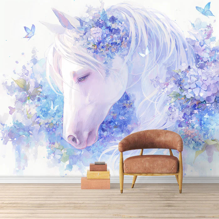 Horse and Floral Mural Wallpaper in playroom Purple, Blue and White Horse Mural Wallpaper