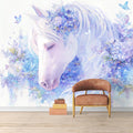 Horse and Floral Mural Wallpaper in playroom Purple, Blue and White Horse Mural Wallpaper - pure wallpaper artwork
