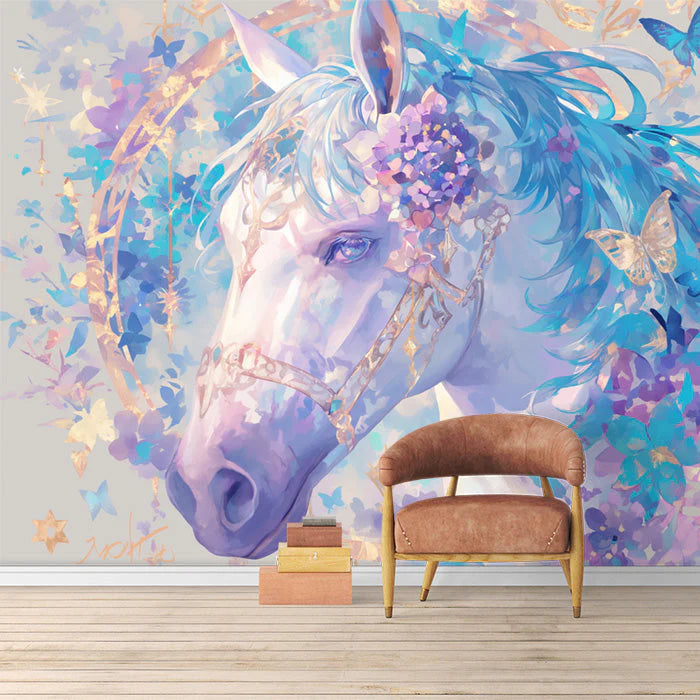 Horse and Floral Mural Wallpaper in Living Room Purple, Blue and White Horse Mural Wallpaper - pure wallpaper artwork