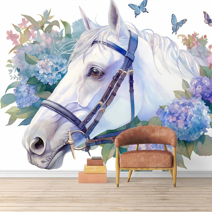 Horse and Floral Mural Wallpaper in Child's Room Purple, Blue and White Horse -4 Mural Wallpaper