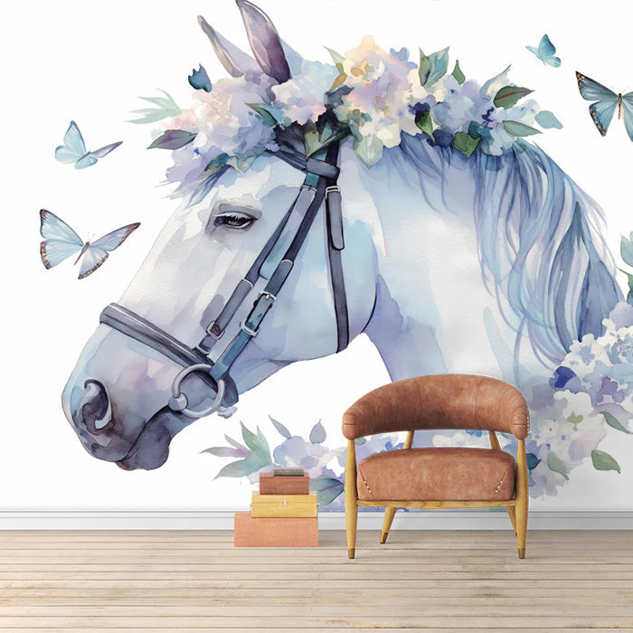 Horse and Butterfies Mural Wallpaper in Room Purple, Blue and White Horse Mural Wallpaper - pure wallpaper artwork