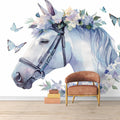 Horse and Butterfies Mural Wallpaper in Room Purple, Blue and White Horse Mural Wallpaper - pure wallpaper artwork