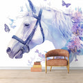 Horse and Floral with Butterflies Mural Wallpaper in Room Purple, Blue and White Horse Mural Wallpaper - pure wallpaper artwork