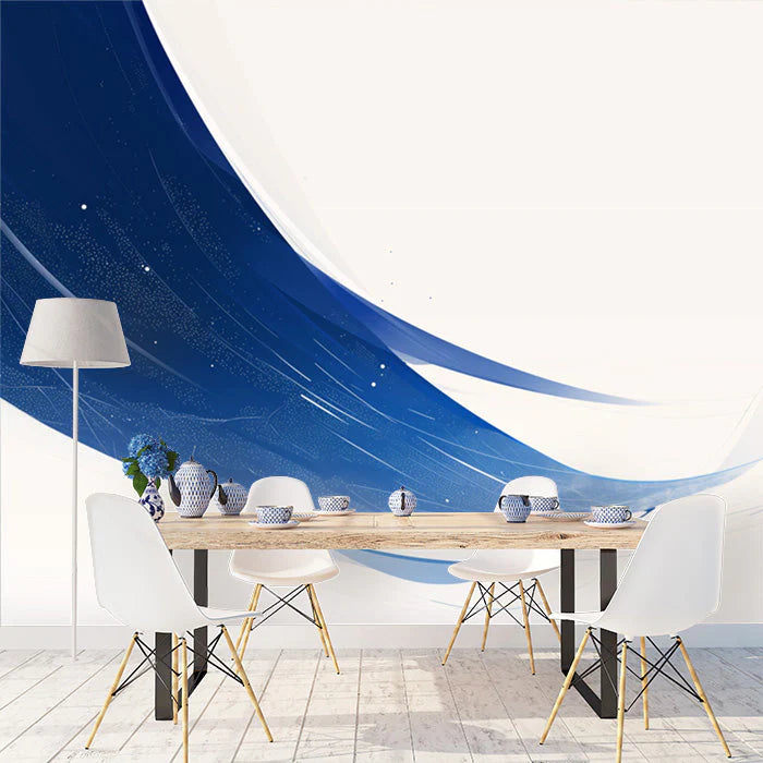 Blue and White Wave Mural Wallpaper in Dining Room Blue and White Wave Mural Wallpaper