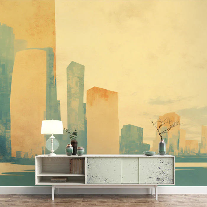 Cityscape Mural Wallpaper in Room Yellow, Green and Blue Building Mural Wallpaper - pure wallpaper artwork