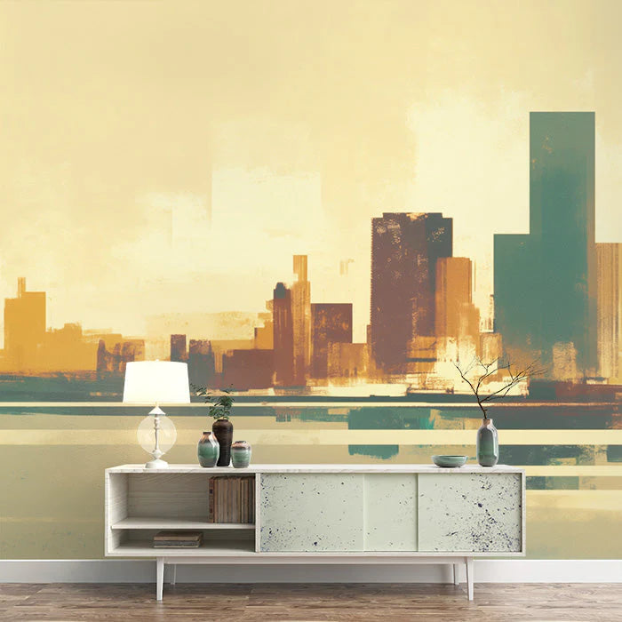 Cityscape Mural Wallpaper in Room Yellow, Green and Blue Building -1 Mural Wallpaper