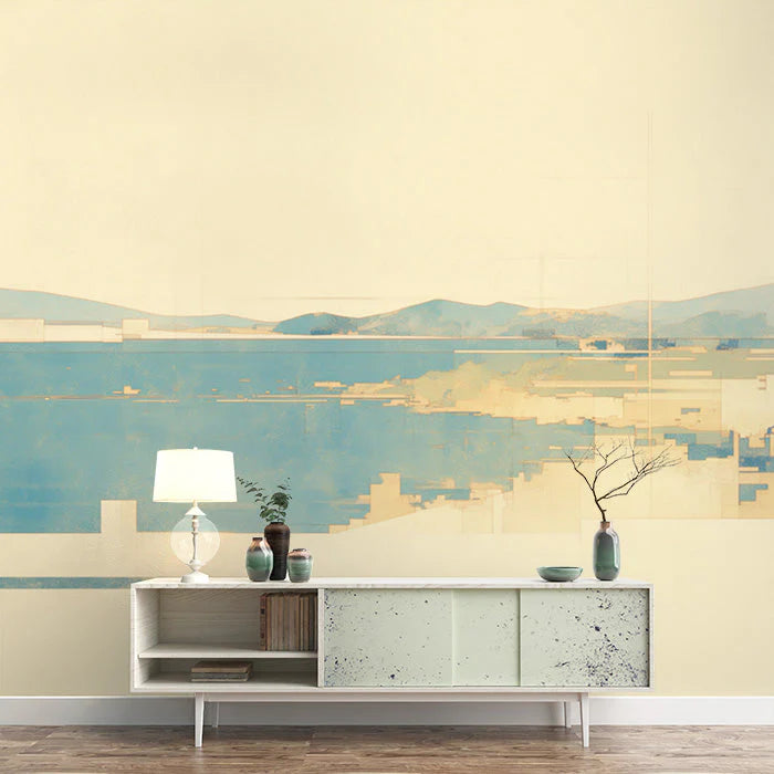 Cityscape Mural Wallpaper in Room Yellow, Green and Blue Building -2 Mural Wallpaper