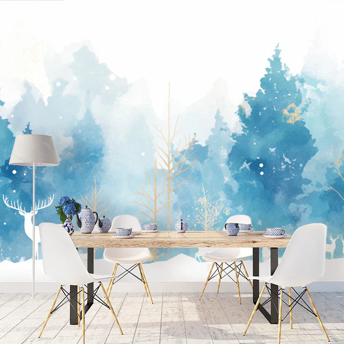 Winter Forest Mural Wallpaper in Meeting Room Blue and White Forest Mural Wallpaper - pure wallpaper artwork