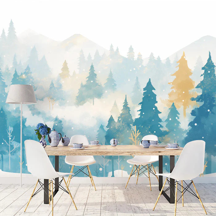 Winter Forest Mural Wallpaper in Commercial Space Blue and White Forest Mural Wallpaper