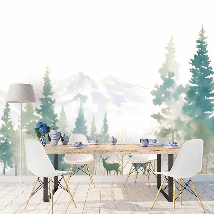 Winter Forest Mural Wallpaper in Dining Room Blue and White Forest -2 Mural Wallpaper - pure wallpaper artwork