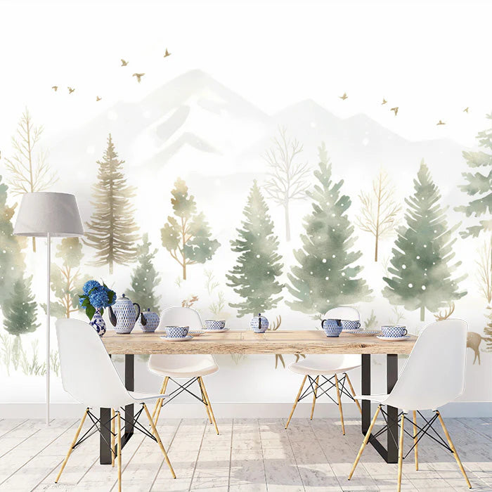 Winter Forest Mural Wallpaper in Dining Room Blue and White Forest -3 Mural Wallpaper - pure wallpaper artwork