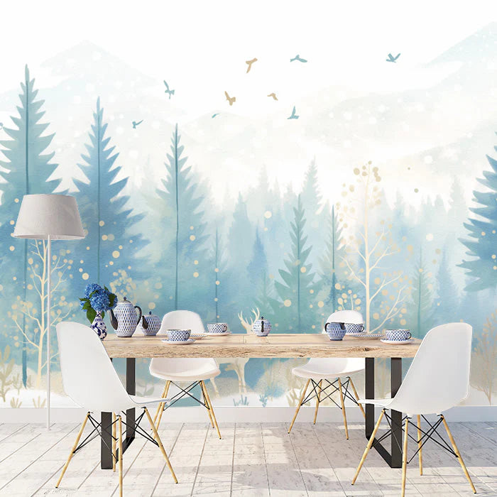 Winter Forest Mural Wallpaper in Dining Room Blue and White Forest -5 Mural Wallpaper - pure wallpaper artwork