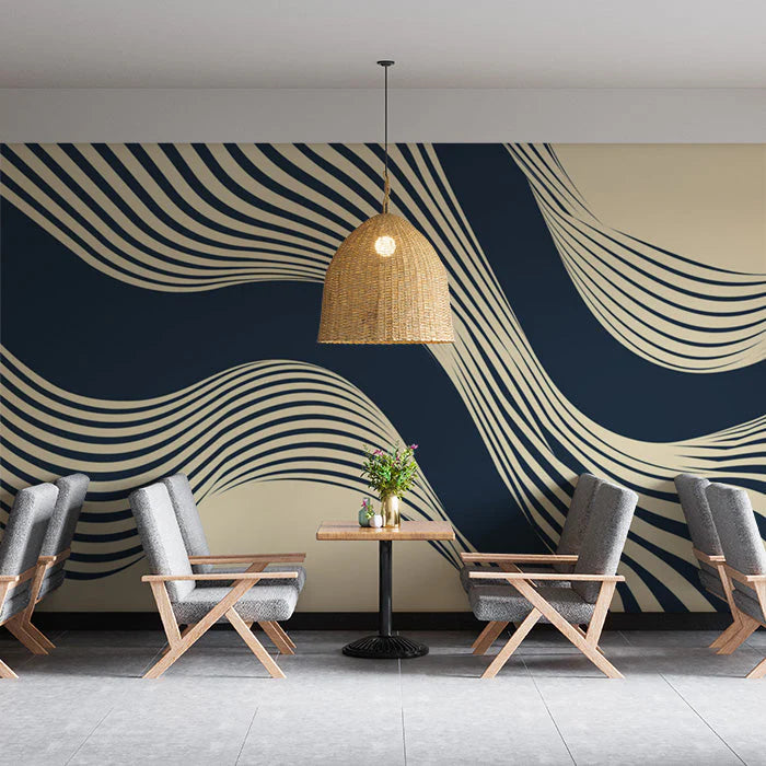 Navy and Beige Wave Mural Wallpaper in Cafe Navy Blue and Beige Lines Mural Wallpaper - pure wallpaper artwork