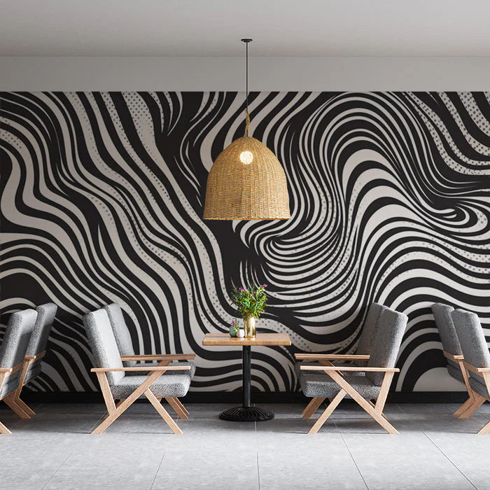 Wavy Dotstream Mural Wallpaper Black and White Abstract Flow with Dotted Accents Mural Wallpaper - pure wallpaper artwork