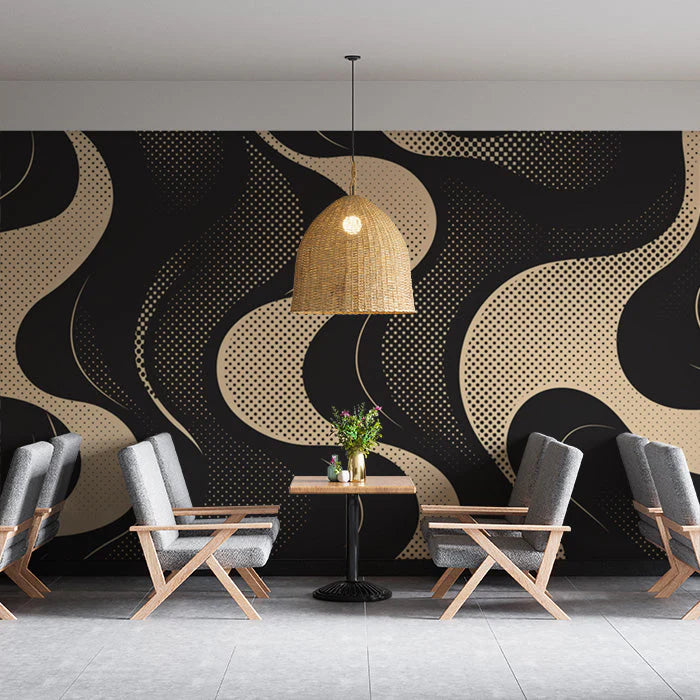 Golden Flow Dot Mural Wallpaper Retro Wave Pattern in Black and Gold Mural Wallpaper - pure wallpaper artwork