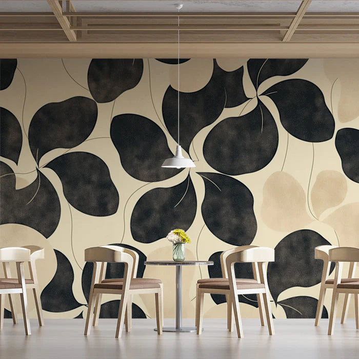 Black and Beige Leaf Mural Wallpaper in Cafe Black and Beige Leaves Mural Wallpaper - pure wallpaper artwork