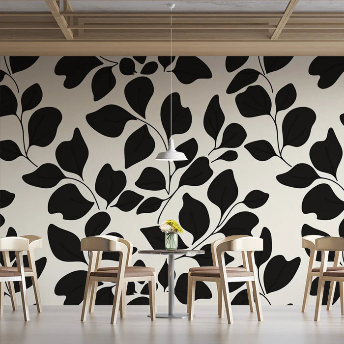 Black and Beige Leaf Mural Wallpaper in Cafe Black and Beige Leaves -1 Mural Wallpaper