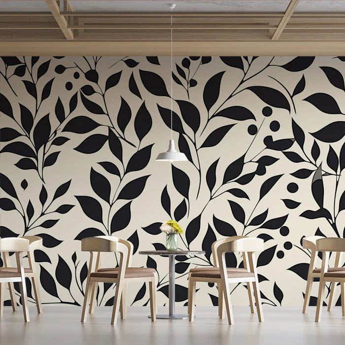 Black and Beige Leaf Mural Wallpaper in Cafe Black and Beige Leaves -2 Mural Wallpaper - pure wallpaper artwork