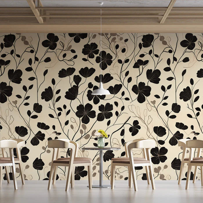 Black and Beige Leaf Mural Wallpaper in Cafe Black and Beige Leaves -3 Mural Wallpaper