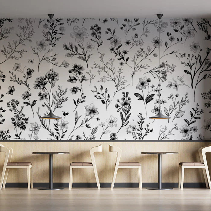 Black Floral Mural Wallpaper in Cafe Various Pastel Colors of Flowers Mural Wallpaper