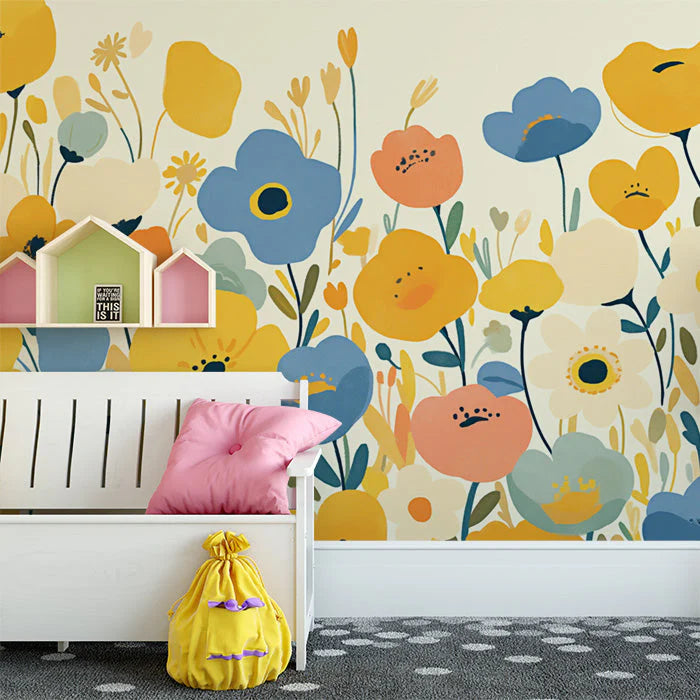 Bright Floral Mural Wallpaper in Child's Room Various Colors (Yellow, Blue, Orange, etc.) Flowers Mural Wallpaper - pure wallpaper artwork