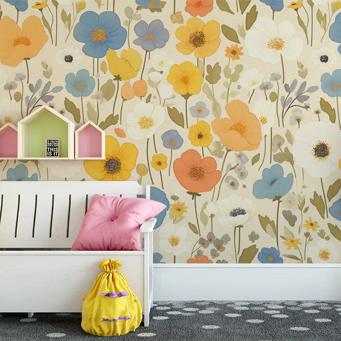Bright Floral Mural Wallpaper in Child's Room Various Colors (Yellow, Blue, Orange, etc.) Flowers -1 Mural Wallpaper - pure wallpaper artwork