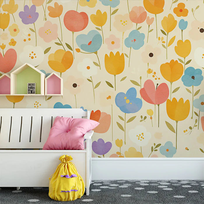 Bright Floral Mural Wallpaper in Child's Room Various Colors (Yellow, Blue, Orange, etc.) Flowers -3 Mural Wallpaper - pure wallpaper artwork