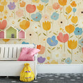 Bright Floral Mural Wallpaper in Child's Room Various Colors (Yellow, Blue, Orange, etc.) Flowers -3 Mural Wallpaper - pure wallpaper artwork