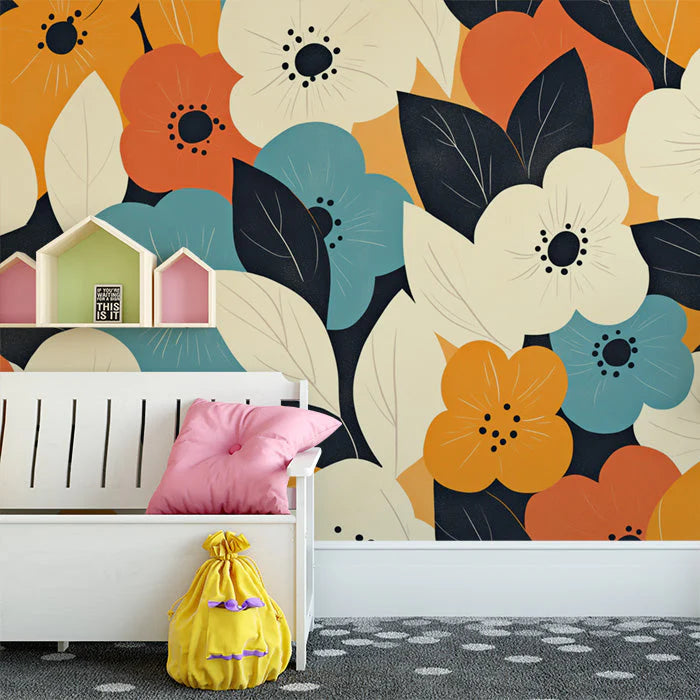 Bright Floral Mural Wallpaper in Child's Room Various Colors (Yellow, Blue, Orange, etc.) Flowers -4 Mural Wallpaper