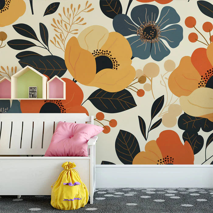 Bright Floral Mural Wallpaper in Child's Room Various Colors (Yellow, Blue, Orange, etc.) Flowers -5 Mural Wallpaper
