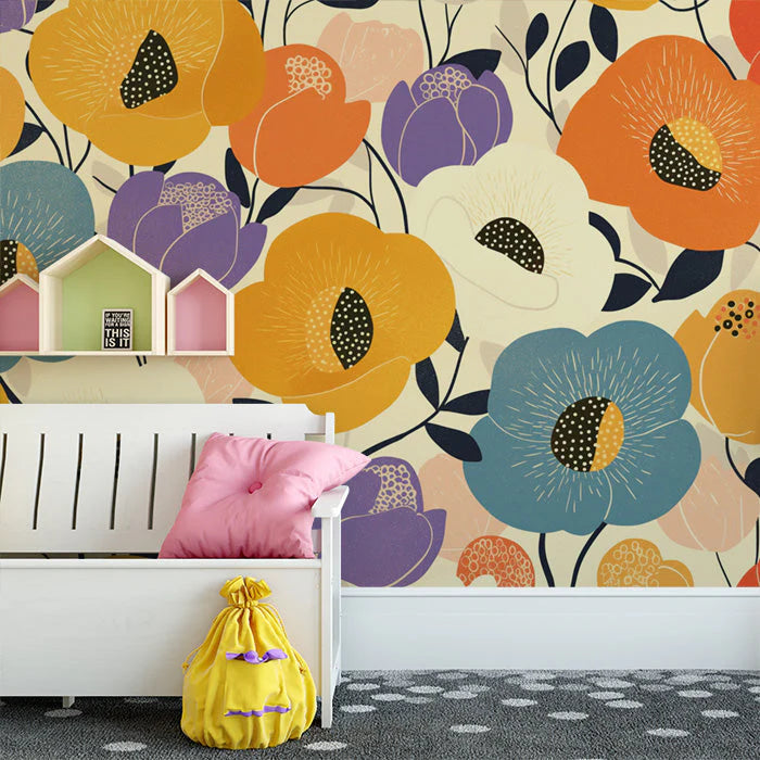 Bright Floral Mural Wallpaper in Child's Room Various Colors (Yellow, Blue, Orange, etc.) Flowers -6 Mural Wallpaper