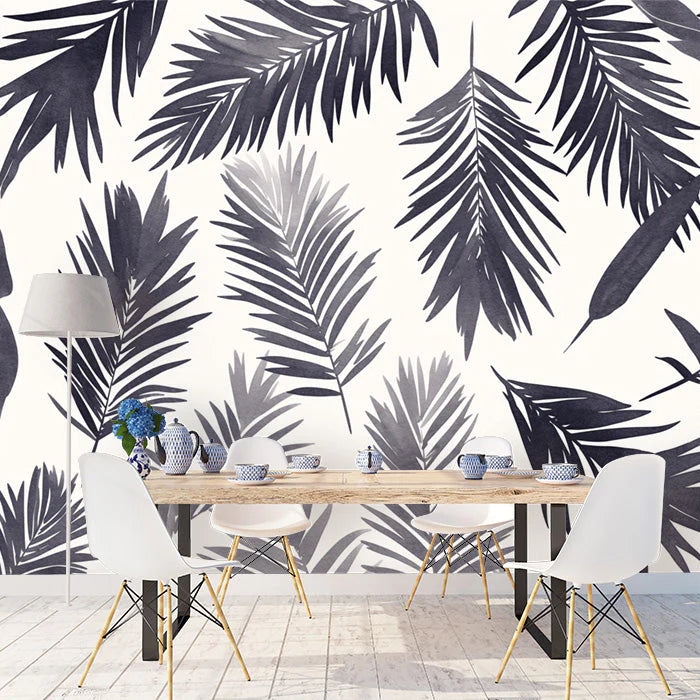 Black and White Palm Leaf Mural Wallpaper for Commercial space Black and White Palms Mural Wallpaper
