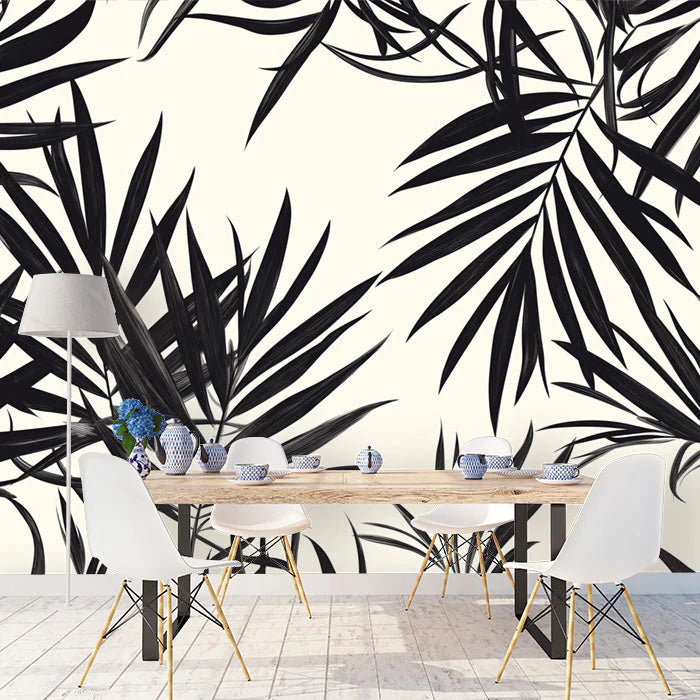 Black and White Palm Leaves Mural Wallpaper in Dining Room Black and White Palms Mural Wallpaper