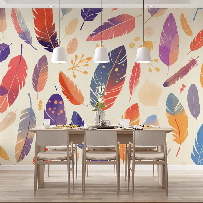 Colorful Feather Mural Wallpaper for Dining Room Various Colors (Red, Orange, Purple, etc.) Feathers Mural Wallpaper