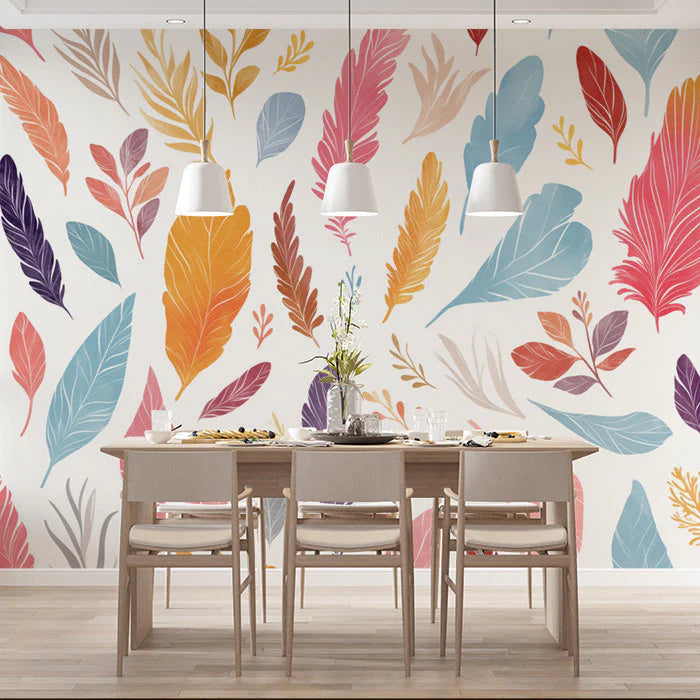 Colorful Feather Mural Wallpaper in Dining Room Various Colors (Red, Orange, Purple, etc.) Feathers -1 Mural Wallpaper - pure wallpaper artwork