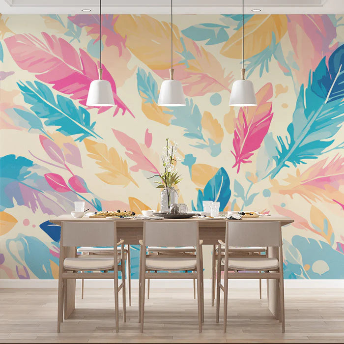 Colorful Feathers Mural Wallpaper in Dining Room Various Colors (Red, Orange, Purple, etc.) Feathers -2 Mural Wallpaper - pure wallpaper artwork