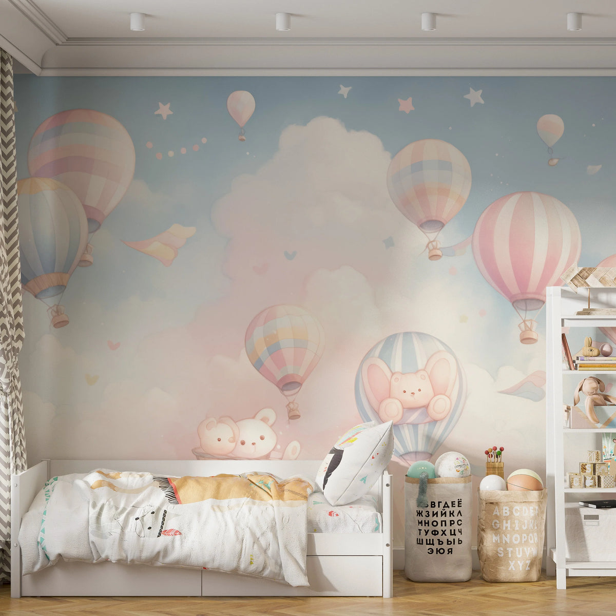 Hot Air Balloon and Bear Mural Wallpaper in Child's Room Pastel Colors (Pink, Blue, etc.) of Balloons Mural Wallpaper - pure wallpaper artwork