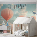Hot Air Balloon and Bear Mural Wallpaper in Child's Room Pastel Colors (Pink, Blue, etc.) of Balloons -1 Mural Wallpaper - pure wallpaper artwork