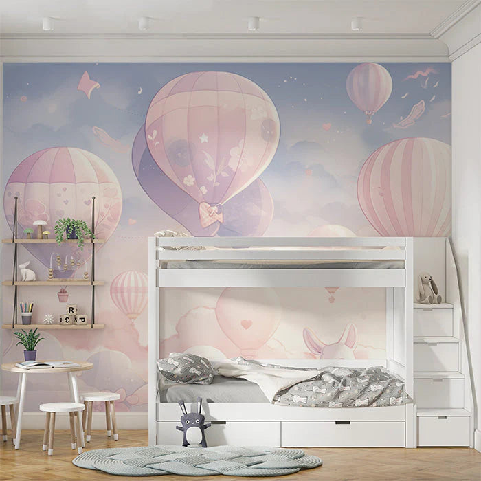 Hot Air Balloon and Bear Mural Wallpaper in Child's Room Pastel Colors (Pink, Blue, etc.) of Balloons -2 Mural Wallpaper - pure wallpaper artwork