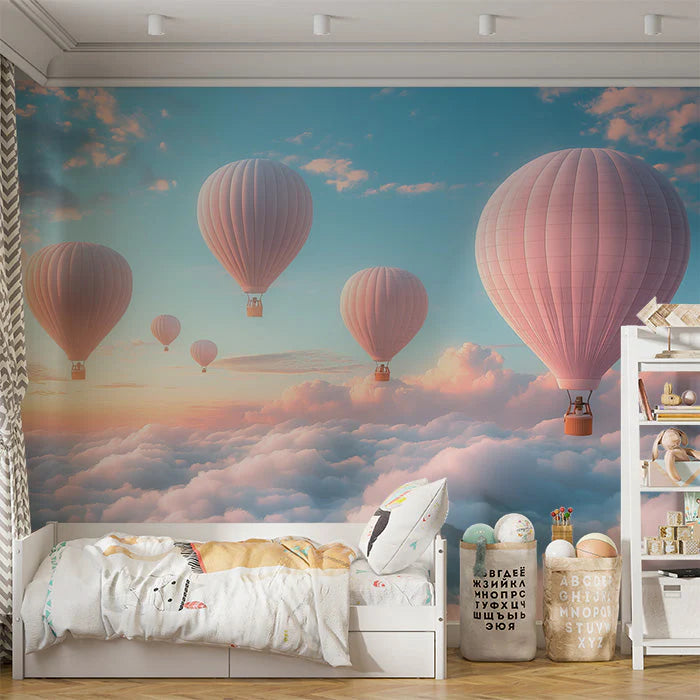 Hot Air Balloon and Bear Mural Wallpaper in Child's Room Pastel Colors (Pink, Blue, etc.) of Balloons -5 Mural Wallpaper