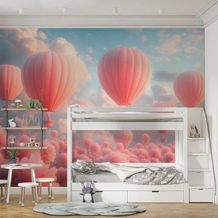 Hot Air Balloon and Bear Mural Wallpaper in Child's Room Pastel Colors (Pink, Blue, etc.) of Balloons -6 Mural Wallpaper - pure wallpaper artwork