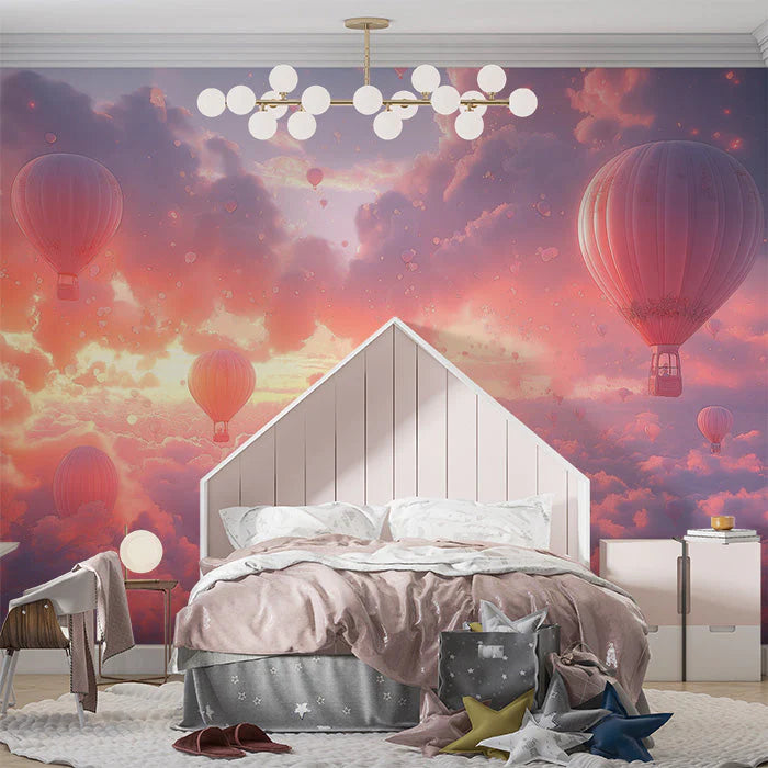 Hot Air Balloon and Bear Mural Wallpaper in Child's Room Pastel Colors (Pink, Blue, etc.) of Balloons -7 Mural Wallpaper - pure wallpaper artwork