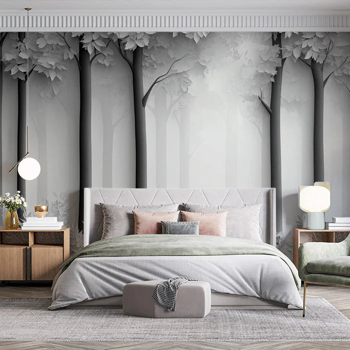 Gray Tree and Leaf Mural Wallpaper in Bedroom Gray and White Tree and Leaf Mural Wallpaper