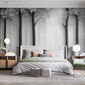 Gray Tree and Leaf Mural Wallpaper in Bedroom Gray and White Tree and Leaf Mural Wallpaper - pure wallpaper artwork