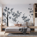 Gray Tree and Leaf Mural Wallpaper in Bedroom Gray and White Tree and Leaf -1 Mural Wallpaper - pure wallpaper artwork